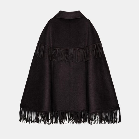 ZARA FRINGED WOOL LONG CAPE - Picture 9 of 12